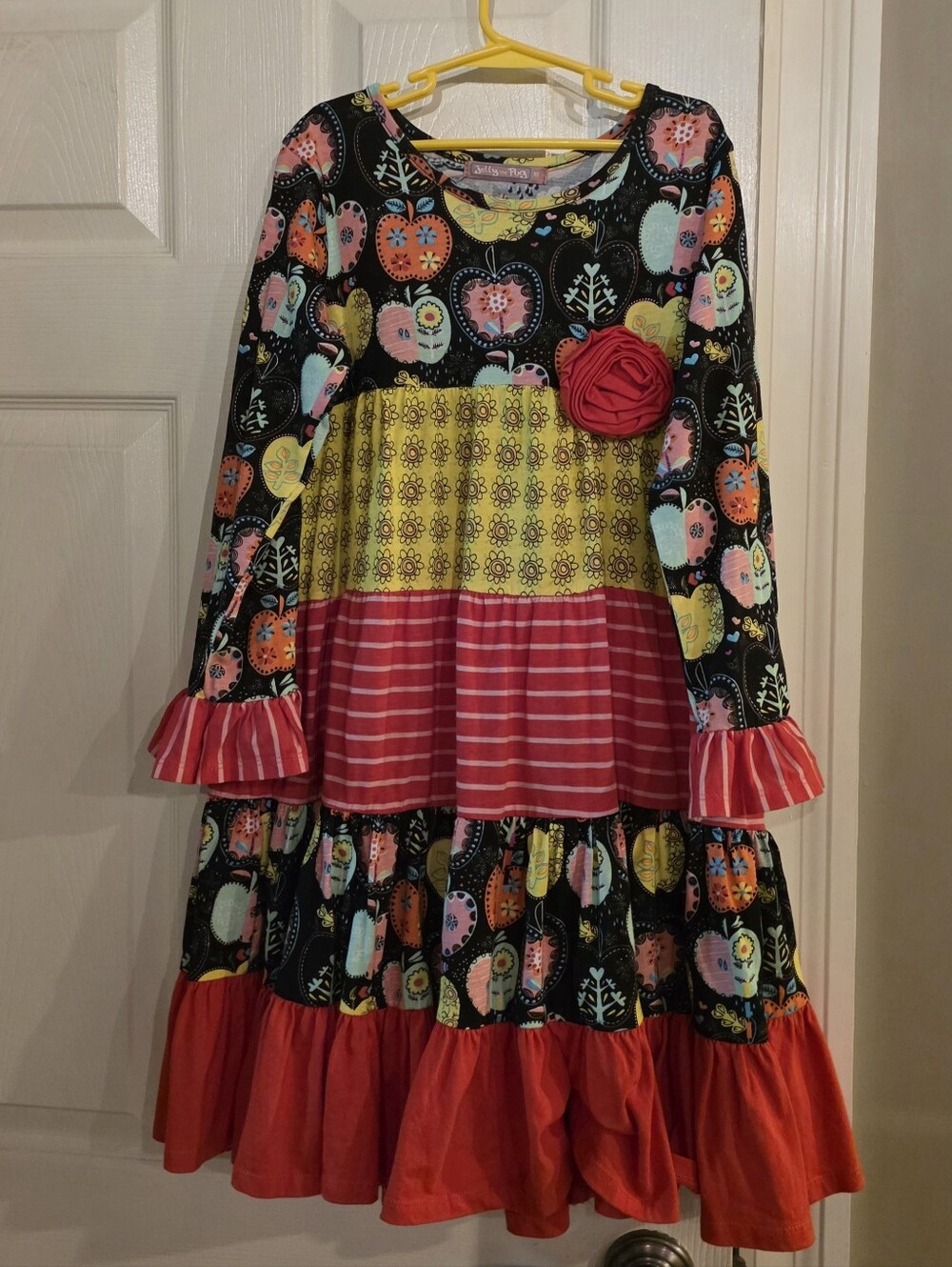 Jelly The Pug Red Yellow Long Sleeve Tiered Ruffle Dress 10